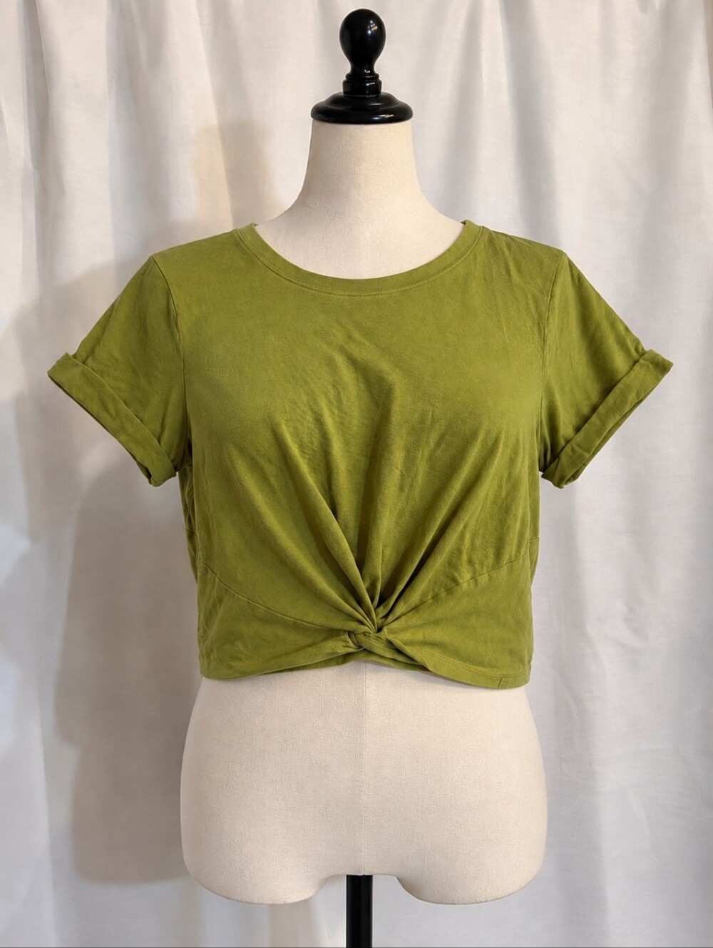 Fabletics Olive Green Twist Front Cropped T-Shirt Rolled Sleeve